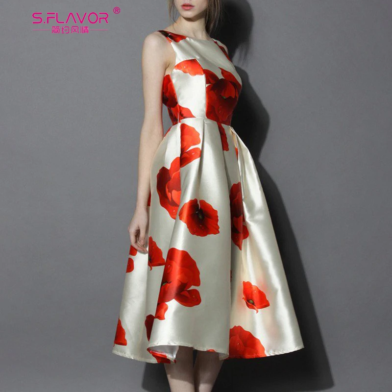 S. FLAVOR, без рукавов, с цветочным принтом, Vestidos De, женское, винтажное, тонкое, с круглым вырезом, элегантное, вечерние, Vestidos, высокое качество