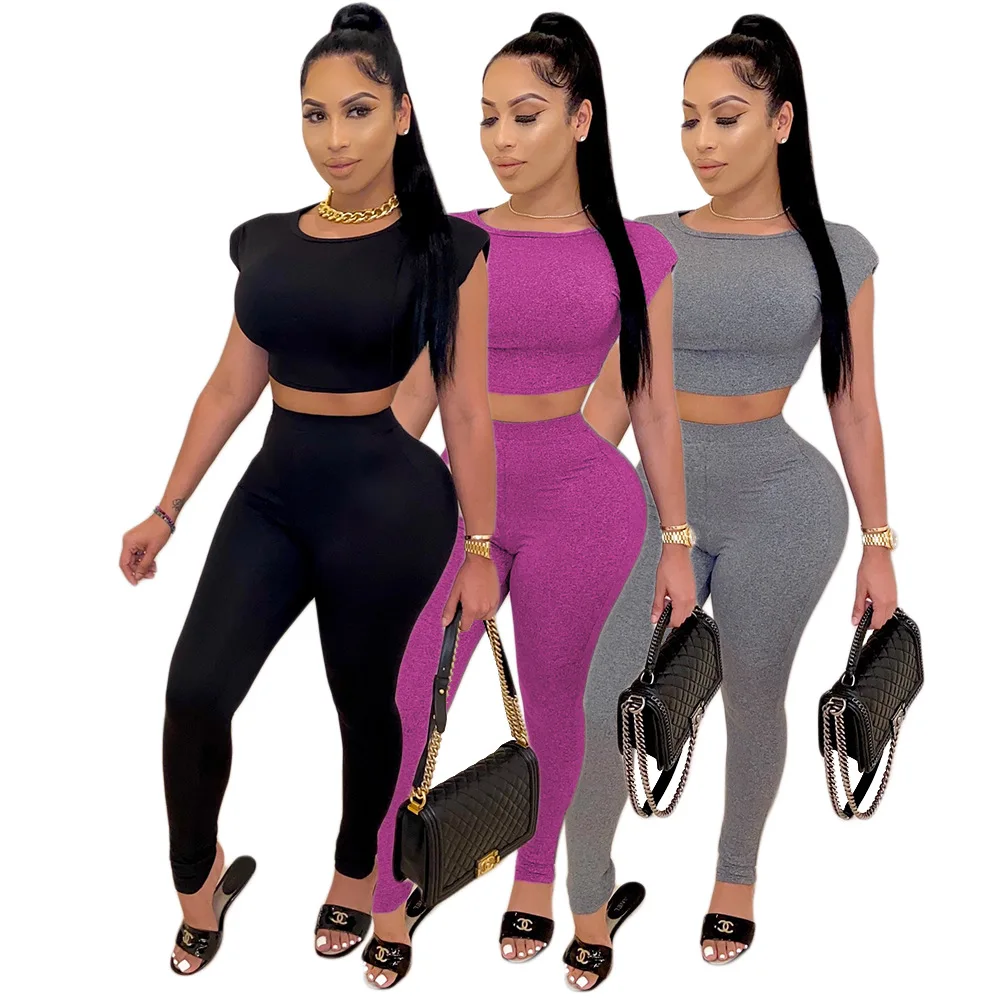 

Active Wear Print Women Clothing Set Short Sleeve Crop Tops Pencil Pants Suit Tracksuit Sportwear Two Piece Set Fitness Outfit