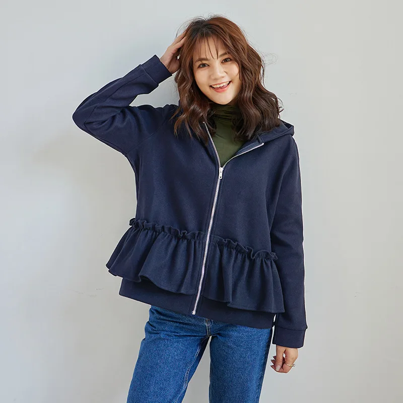 

New Women Autumn Spring Tops Casual Slim Fashion Ruffle Jackethooded Long Sleeve Street Beat Outerwear Coat Ladies Solid Hoodie