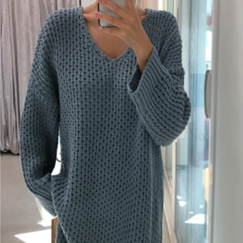 

Spring And Autumn Office Lady Hollow Out Pullover Women's Loose Plus Size Fashion Batwing Sleeve Solid Color Knit Long Sweater