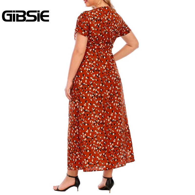 GIBSIE верхняя часть шеи поясом принт Разделение длинное платье для женщин летние