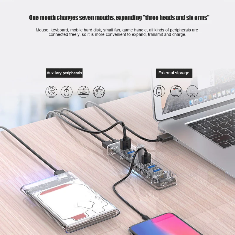 7 портовый прозрачный Настольный концентратор USB3.0 жесткий диск для ноутбука