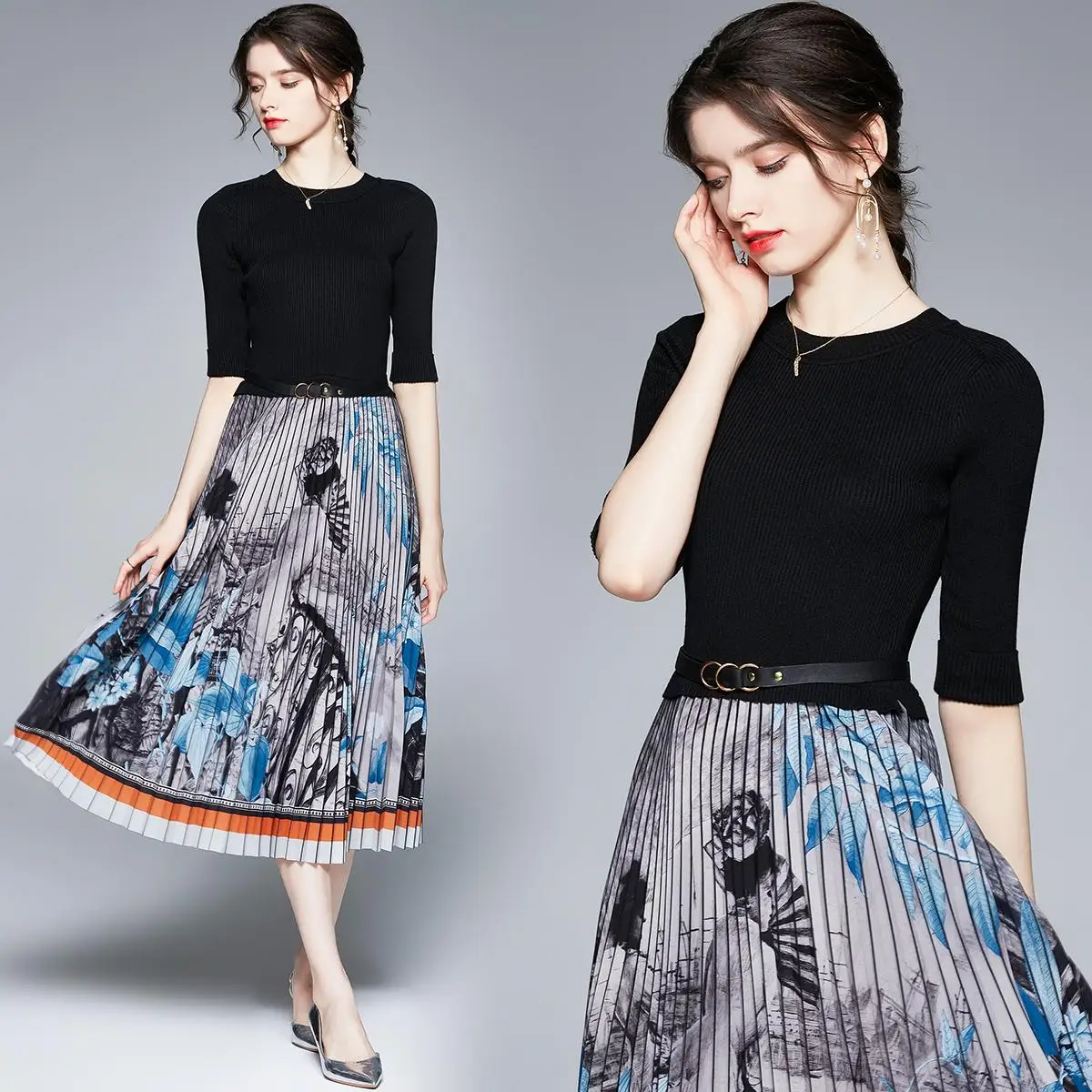 

Simgent Pleated Dress Women Elegant Vintage Knitted Patchwork Print Dresses With Belt Femme Robe Vestidos Frocks SG16126
