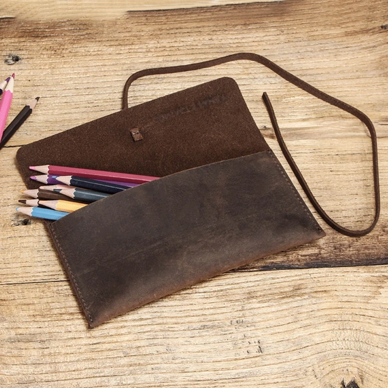 

Handmade Cowhide Leather Pen Bag Retro Vintage Roll Pencil Case Pouch Stationery 1XCB