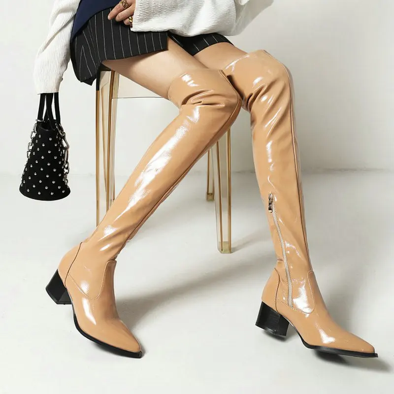 

ZawsThia Patent Leather Yellow Nude Chunky Square Heels Stretch PU Fabric Thigh High Booties Women Overknees Boots Size 34-47