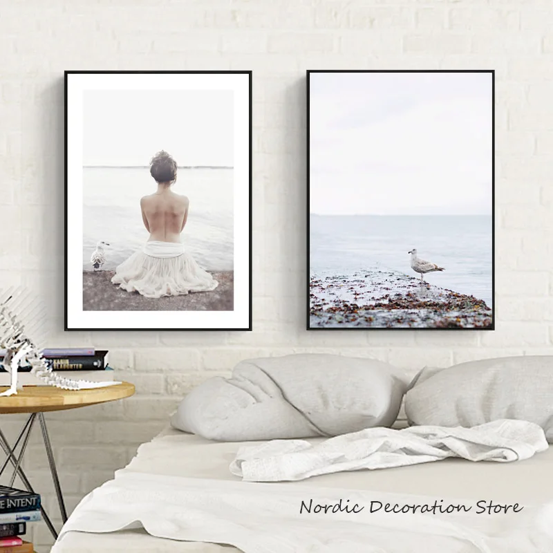 Nordic Sea Beach Beautiful Girl Posters And Prints Birds Wall Art Canvas Painting Two Pictures For Living Room Unframed | Дом и сад