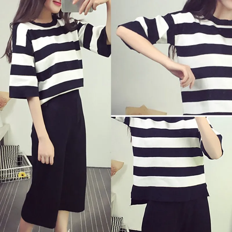 

Summer 2PCS Sets Women Striped Casual T-shirt + Loose Wide Leg Pants