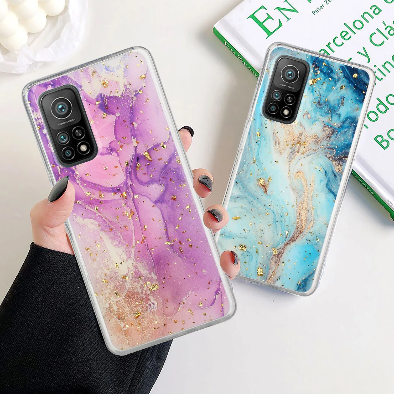 

Fashion Glitter Gradient Marble Texture Transparent Button Phone Case For Xiaomi 10T Pro Lite Anti Fall Colors Protection Cover