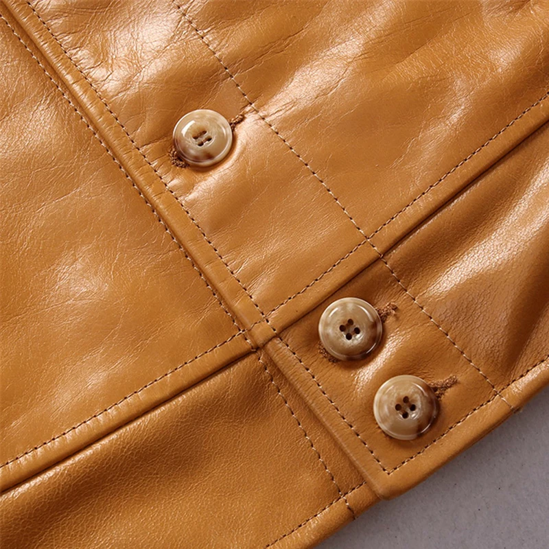 

Leather Yellow Genuine Jacket Men's Autumn Winter Vintage Business Zipper Stand Collar Jackets Male Fast Ship Free