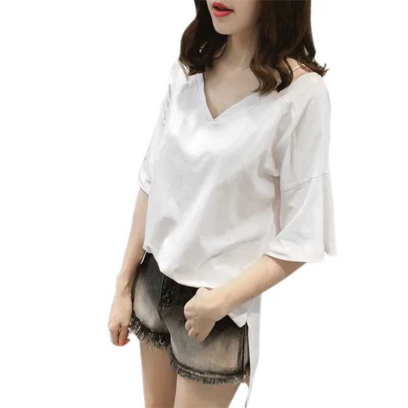 Однотонная летняя футболка женская с v образным вырезом Женская Мягкая коротким