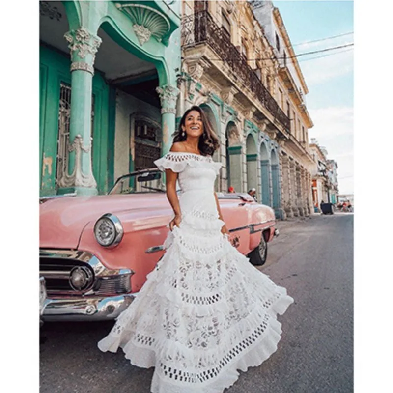 

S-2XL Women's Sleeveless One-line Neck High Waist And Flounce Hollowed-out Dress 2021 Fashion Summer New Lace Sleeveless Dress