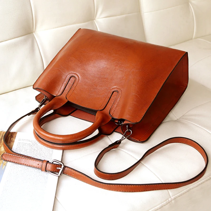 

Brand Design Leather Handbag For Women Vintage Fashion Waxy Oil Leather Shoulder Bags Side Sling Messenger Bags torebki damskie