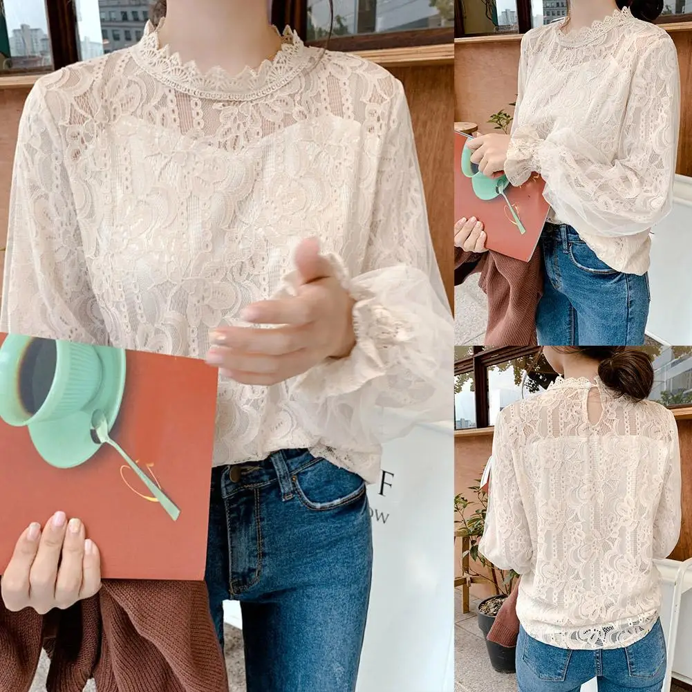 

Women New Arrival Spring Chiffon Hollow Out Puff Sleeve Shirts Ladies Lace Solid Long Sleeve Casual Tops Plus Size