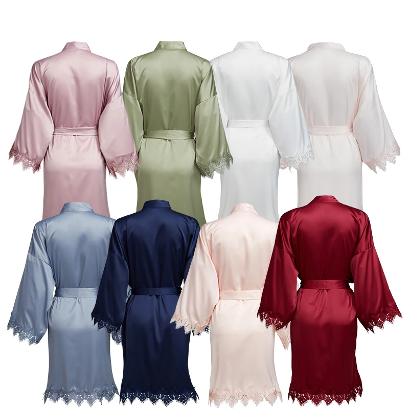 Matt Satin Lace Robe with Trim Gown Bridal Robe Wedding Bride Robes Bridesmaid Kimono Robe Bride Team Bridal Robes