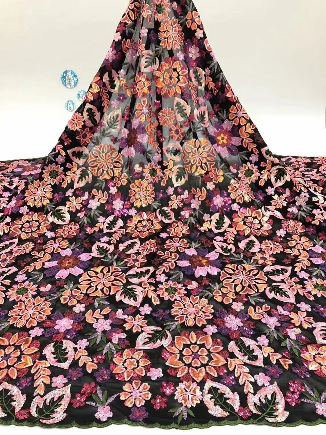 

African Velvet Sequins Lace Fabric High Quaity 3d Sequins Fabric Embroidery Tulle Lace Fabric For African Lace Party FDF1113