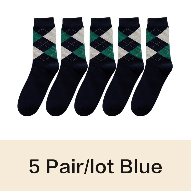 5pairs blue Высокое качество, весна-осень, мужские хлопковые носки, британский стиль, ромбовидная линия, с принтом, повседневные носки в деловом стиле, подарки для мужчин, 5 пара/лот - Цвет: 5pairs blue