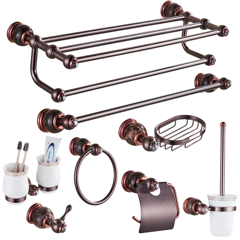 

Rose Gold Jade Brass Bathroom Accessoreis Set Luxury Brown Ancient Marble Bathroom Hardware Set