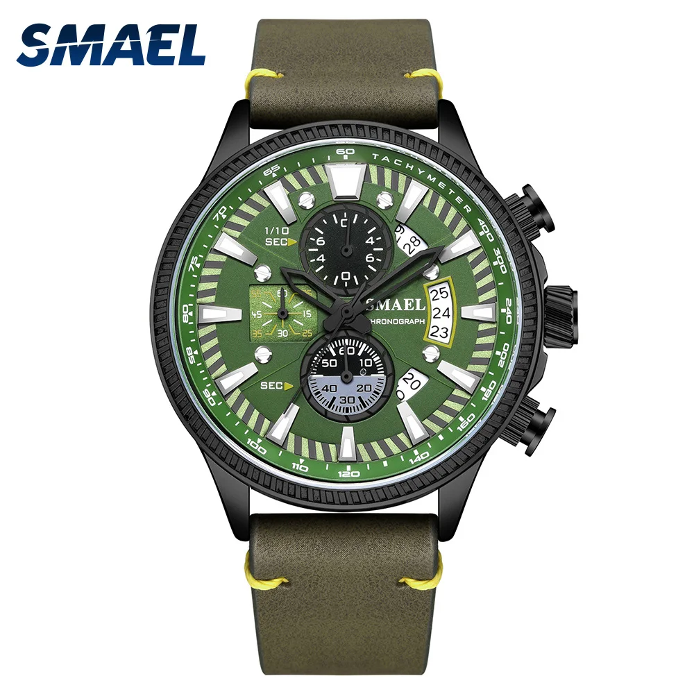 

Мужские Водонепроницаемые наручные часы SMAEL, зеленые Аналоговые кварцевые наручные часы с кожаным ремешком, повседневные наручные часы для...