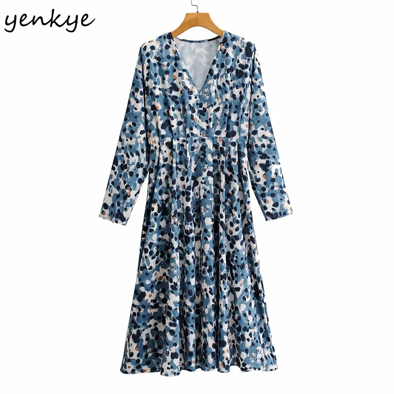 

New Fashion Women Spring Autumn Vintage Print Dress Long Sleeve V Neck A-line Midi Casual Dresses Plus Size Robe Femme