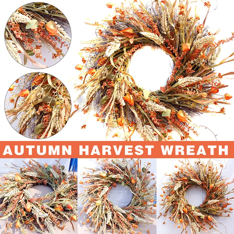 

62cm Fall Front Door Wreath Harvest Gold Wheats Ears Circle Garland Autumn Wreath for Front Door Wedding Wall Home Decor FAS6