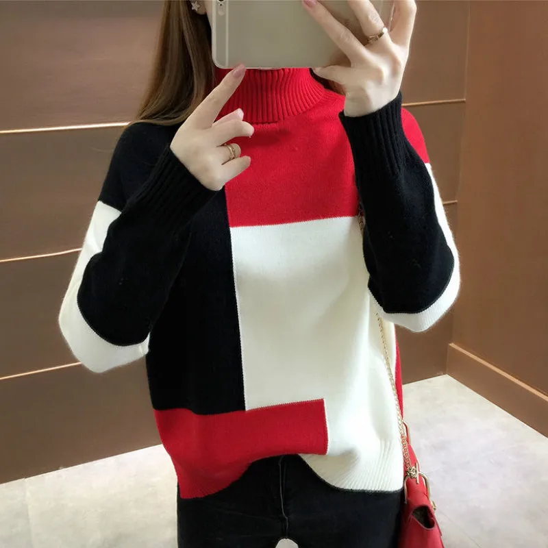 red black Woherb осенне-зимний свитер с высоким воротником Женская мода Harajuku Patckwork пуловер свитер с длинными рукавами трикотажные свитера Одежда - Цвет: red black