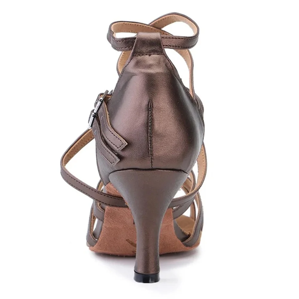 Latin dance shoes Women Flash Satin brown wide thin high heel 7.5cm Salsa Performance Ballroom dancing shoes bd dance