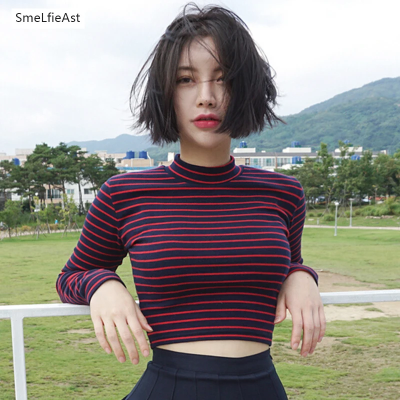 

JY 2021 Fashion Half Turtleneck Slim Short Autumn Spring Korean Style Striped Causal T-shirt Bare Midriff Long Sleeve