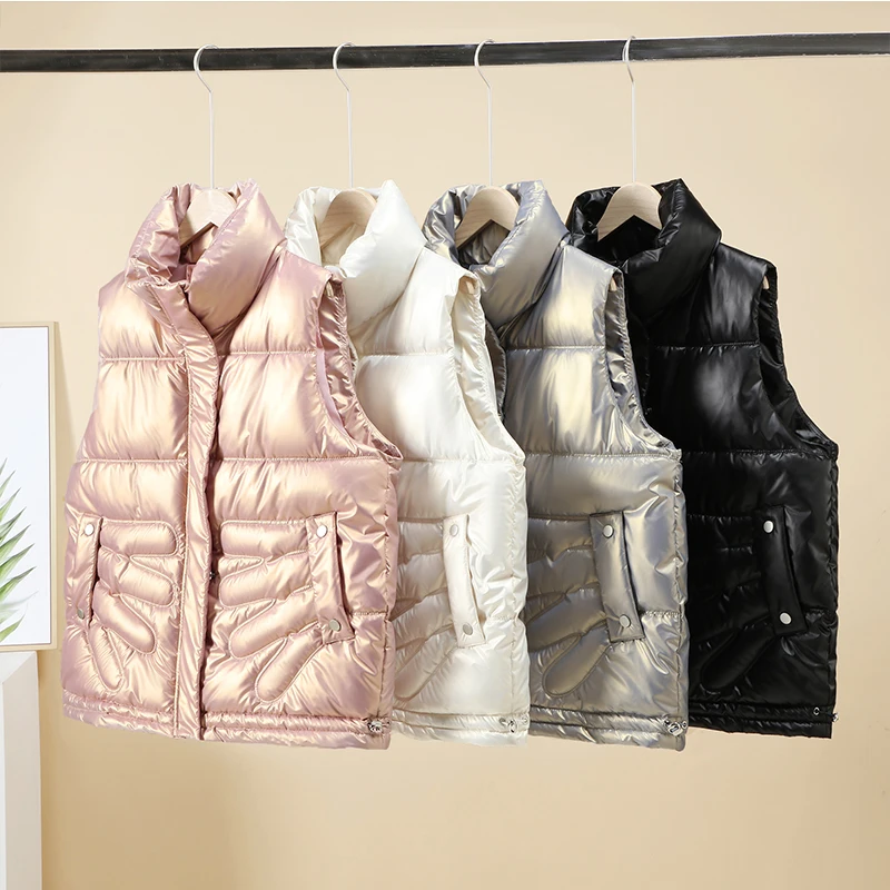 

Stand Collar Woman's Glossy Jacket Vest Casual Loose Zipper Sleeveless Ladies Waistcoat Female Solid Cotton Padded Vests Outwear