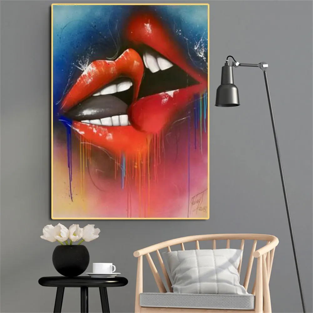 

Colorful Street Graffiti Sexy Lover Kiss Prints Pop Art Lip Poster Canvas Painting Wall Picture for Room Home Decorative Cuadros
