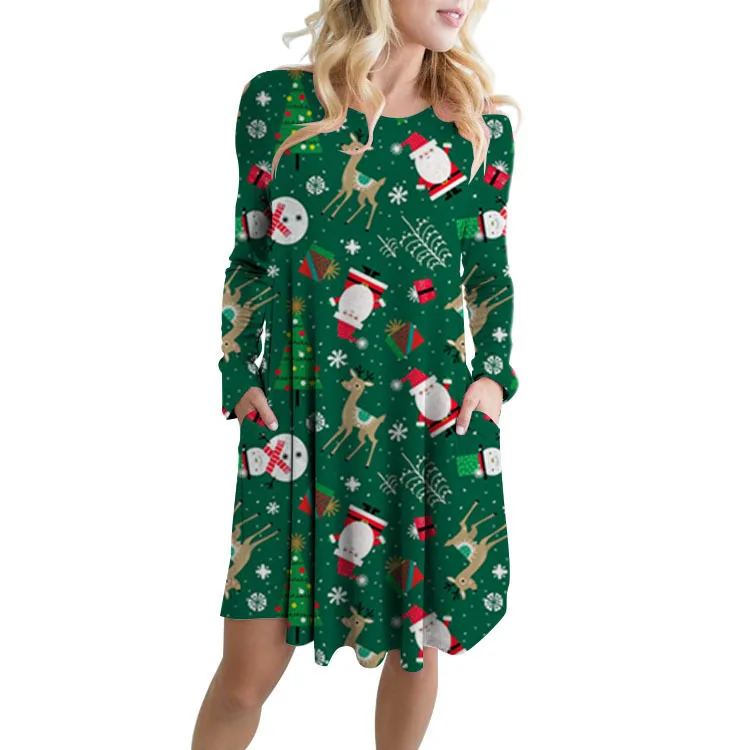 

Casual Santa Claus printed christmas dress Women pullover long sleeve mini shift dress with pocket New year 2022 vestido navidad
