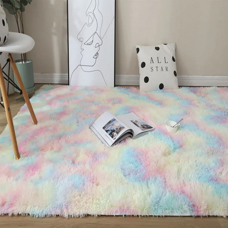 

Rainbow Fluffy Rugs Anti-Skid Shaggy Area Rug Living Room Mat Bedroom Bedside Colorful Dyeing Plush Carpet Floor Mat Home Decor