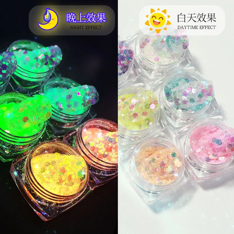 

Luminous Nail Sequins Fluorescent Nail Art Sequin Glow In Dark Flakes Acrylic Paillettes Mix Hexagon Shape Nail Art Glitter GF53