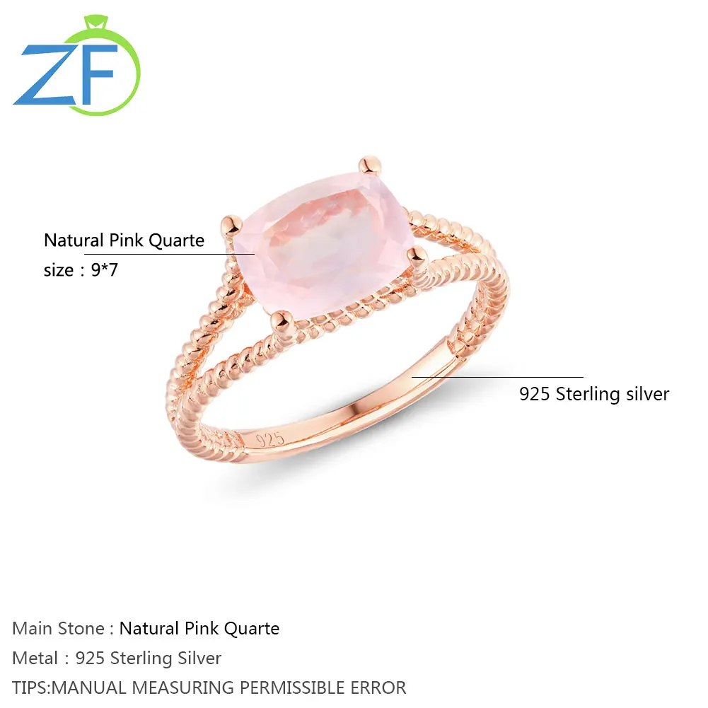 

GZ ZONGFA Hot Sale Fashion Jewelry Natural Pink Quarte Gemstone 925 Sterling Silver Women Rings for Girls