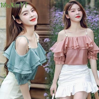 girls korean sweet ruffles sling shirts women 2021 summer graceful sexy strapless thin tops ladies new solid pink leisure blouse