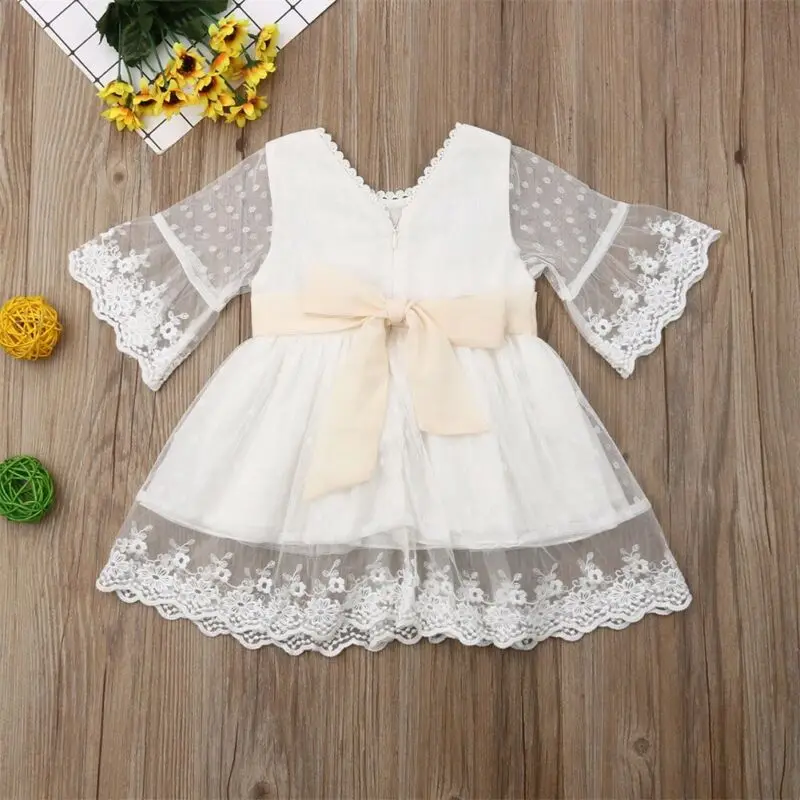 Spring Girls Bridesmaid White Dress Baby Toddler Kids Knee-Length Fashion Party Lace Long Sleeve Bow Wedding Princess Dresses images - 6