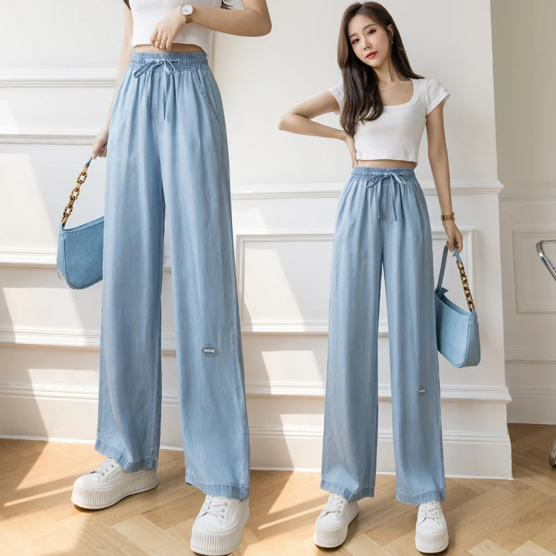 

Limiguyue Summer Women Long Straight Tencel Denim Wide Leg Pants Loose Thin Ice Silk Casual Blue Bandage Pants Fashion Slim K978