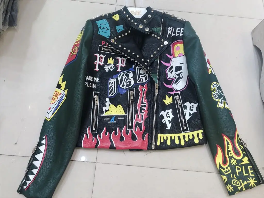 Женская байкерская куртка из ПУ кожи зеленая осенне-весенняя в стиле панк с