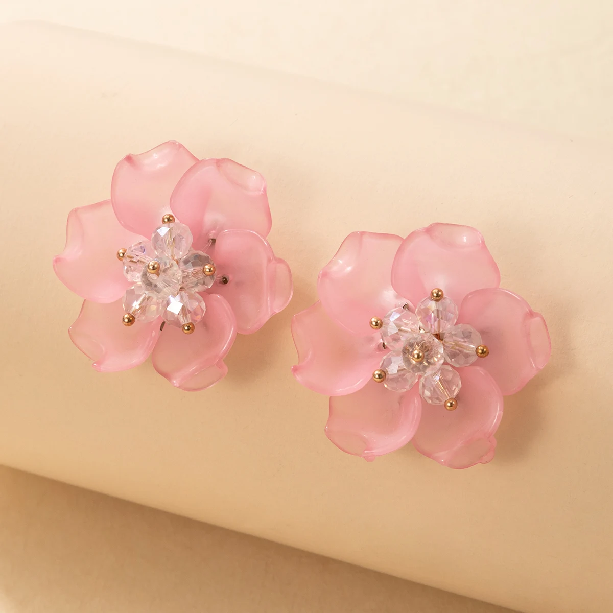 

docona Korean Pink Cherry Blossoms Acrylic Stud Earring for Women Charms Flowers Beaded Earrings Ladies Wedding Jewelry Accesory