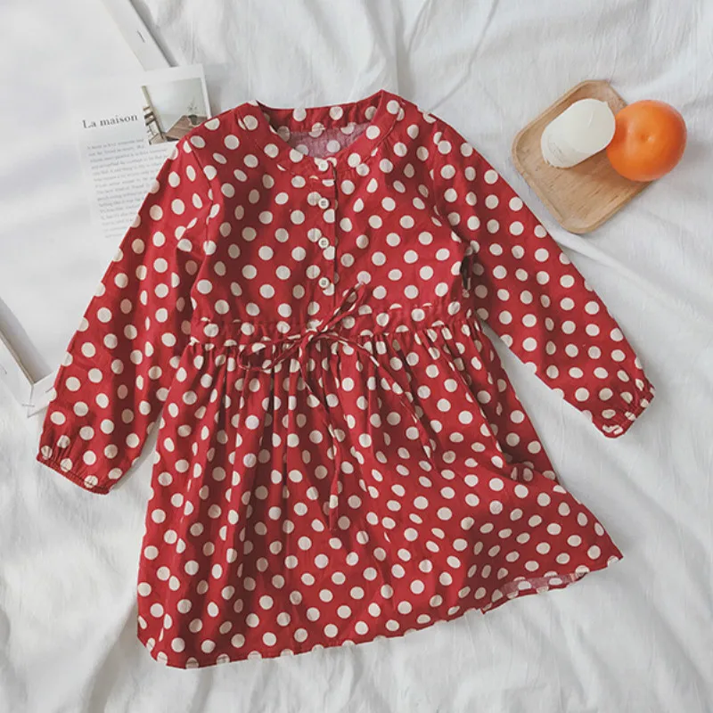 Весенние милые платья в горошек с длинным рукавом для девочек женское хлопковое