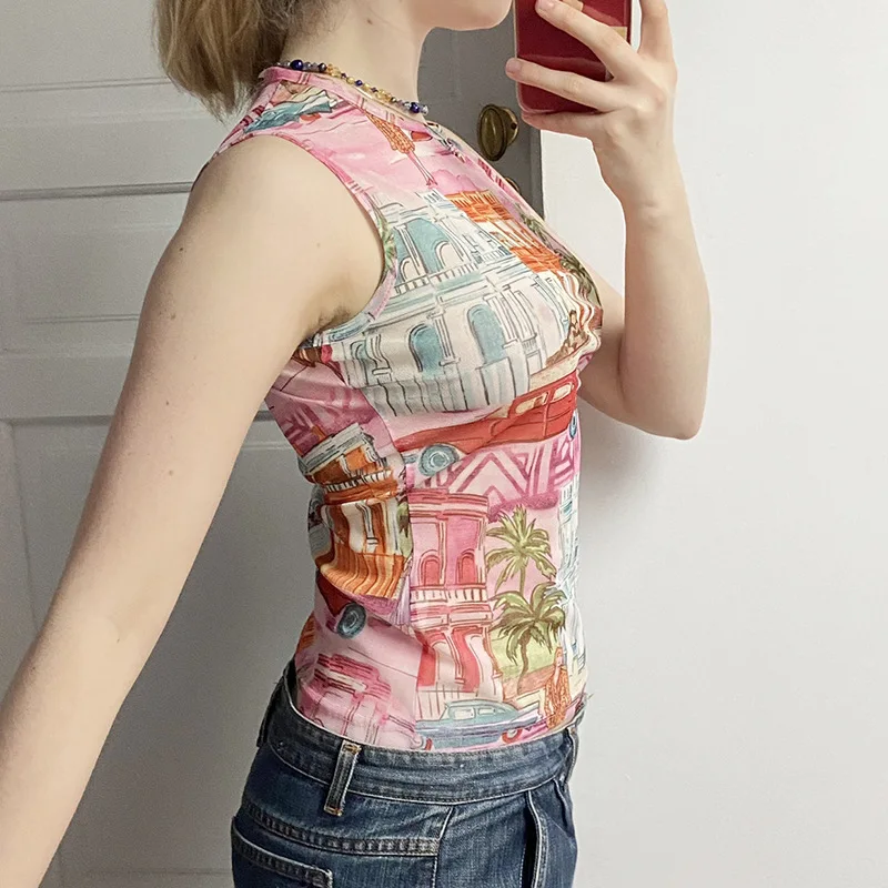 

Women Sexy Print Sleeveless Tops Harajuku Y2k Summer Vintage T Shirt Casual Basic Clothing Pink Elegant Fashion Streetwear 2021