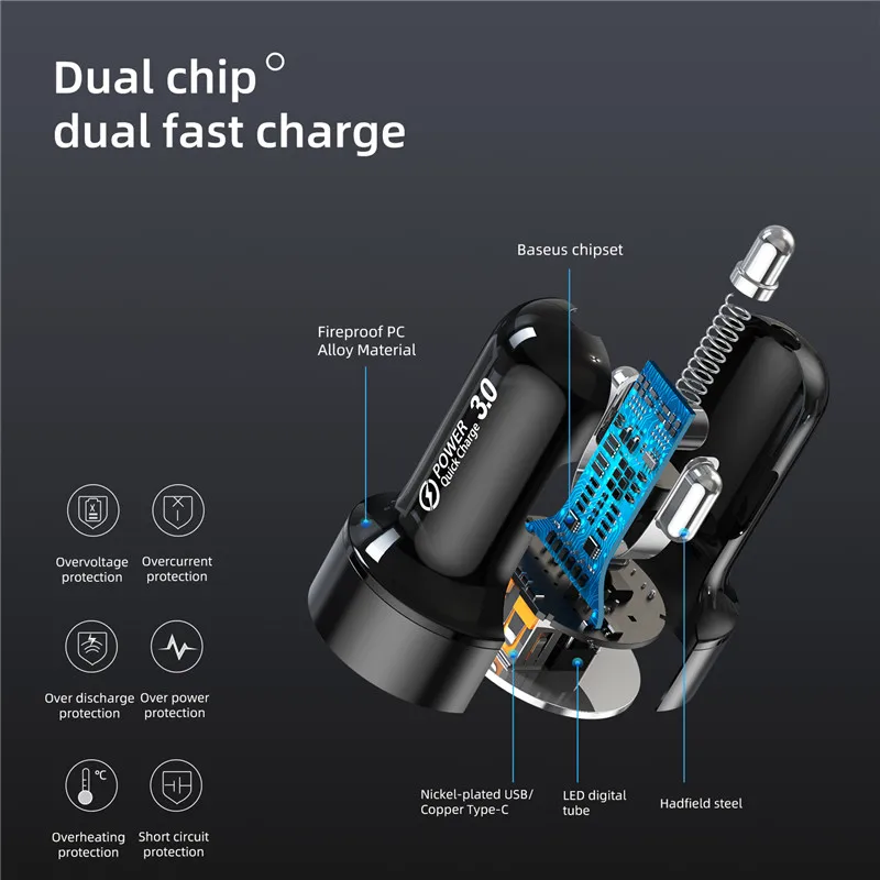 Автомобильное зарядное устройство USLION 36 Вт 6A QC3.0 PD со светодиодным дисплеем