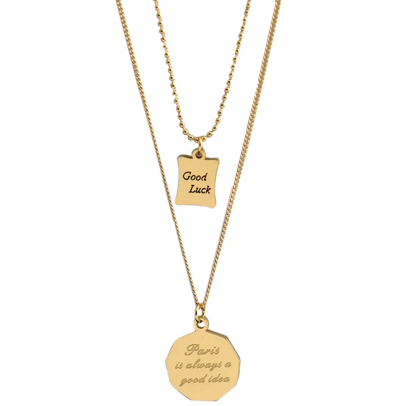 

Korea 2 Layer Good Luck Letter Necklace For Woman Multi-layer Titanium Steel Pendant Necklaces Luxury Jewelry Female Top Quality