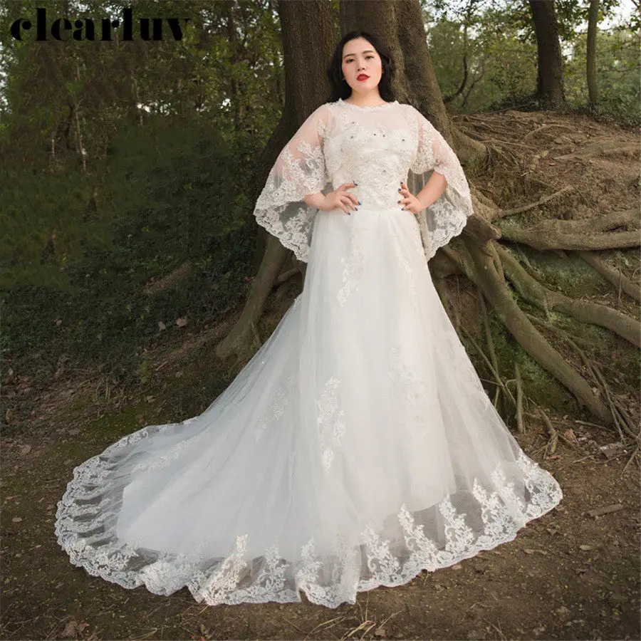 

Wedding Dresses Sleeveless Plus Size Train Bride Dress Shawls Detachable 2019 Vestido De Novia T425 White Elegant Wedding Gowns