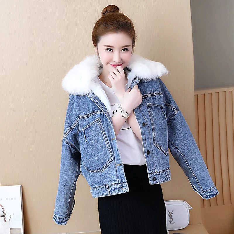 Меховая джинсовая куртка с воротником из лисьего меха Женская свободная осенняя