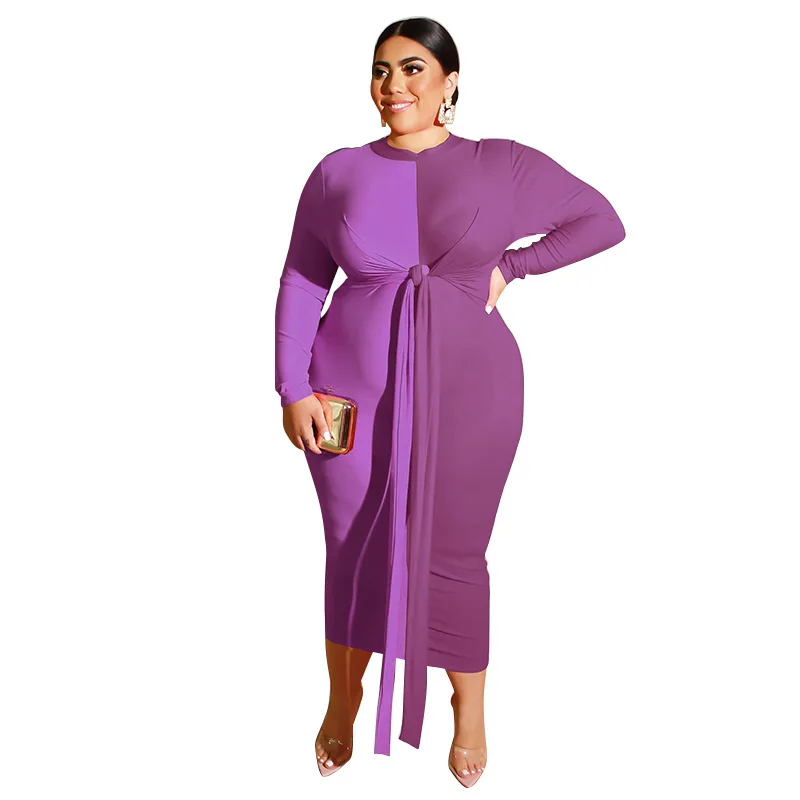 4XL 5XL плюс Размер цветной блок Новое Женское Макси платье с круглым вырезом с длинным рукавом весна осень длинное платье большой размер 3XL сексуальная одежда платья - Цвет: Фиолетовый
