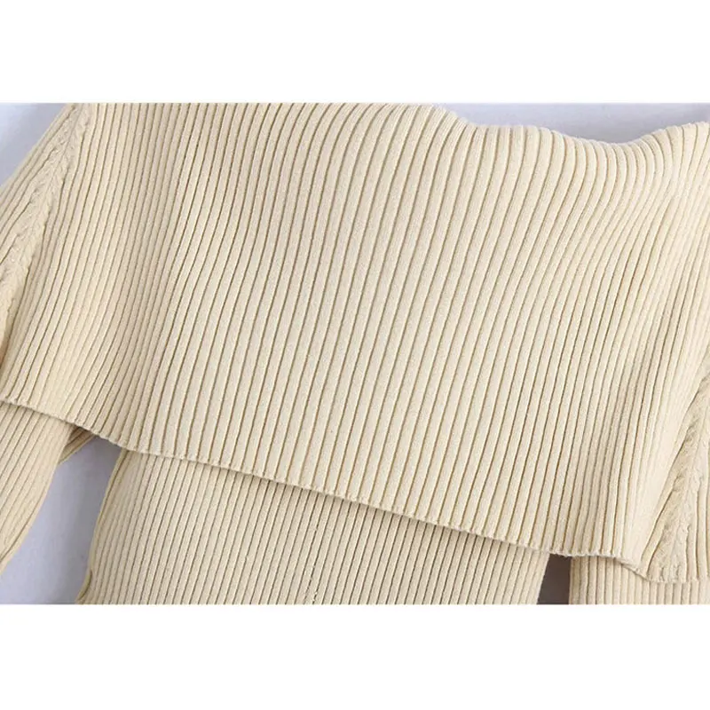 

High quality Women 2020 Fashion With Exposed Shoulders Fitted Knitted Sweater Vintage V Neck Long Sleeve Female Pullovers Tops