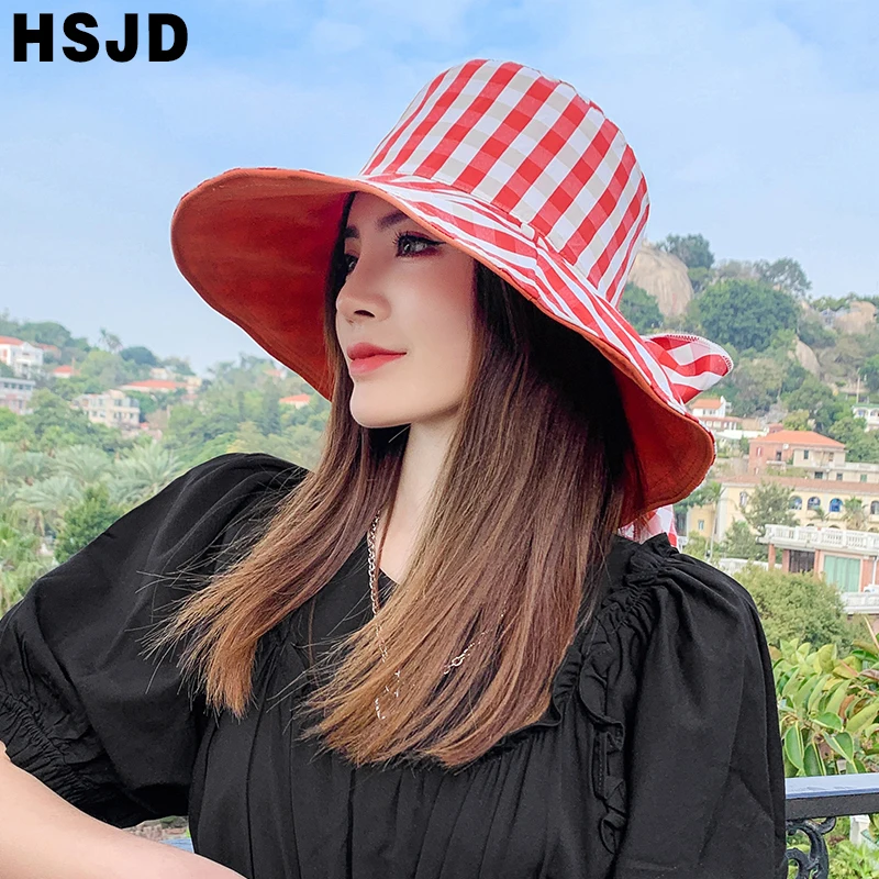 New Double Sided Plaid Bow Summer Sun Hats For Women Wide Brim Foldable Anti-UV Beach Hat Fashion Female Holiday Sunshade Cap
