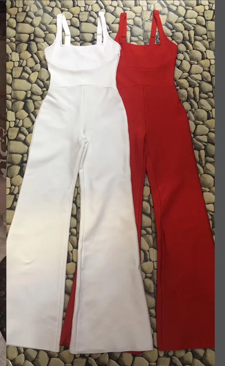 

High Quality Red White Slip Rayon Bandage Jumpsuit Sexy Club Party Jumpsuit