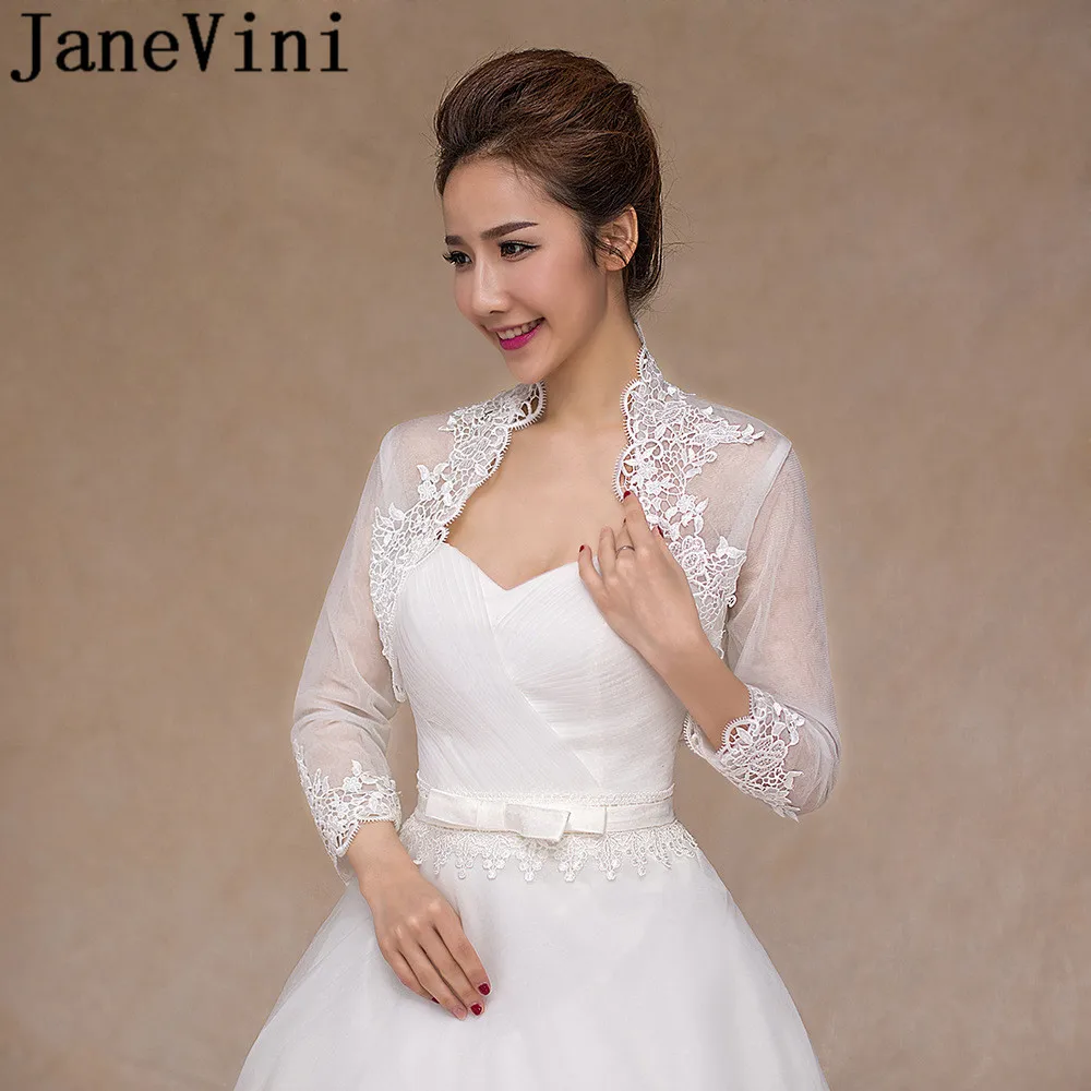 JaneVini 3/4, длинный рукав, Женская куртка, Кружевная аппликация, свадебное пальто, белая прозрачная Свадебная накидка для невесты, шаль, болеро, накидка-палантин
