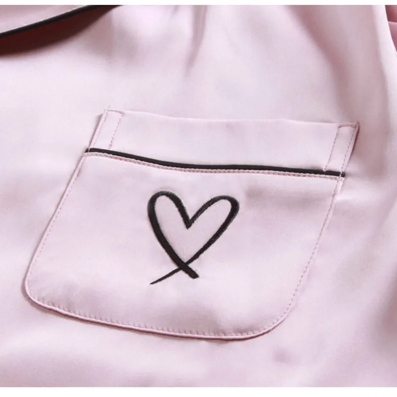 

Silk Pajamas for Women Home Suit Heart Embroidered Pyjamas Set Satin Nightwear Summer Casual Sleepwear Shirt + Shorts Pijamas
